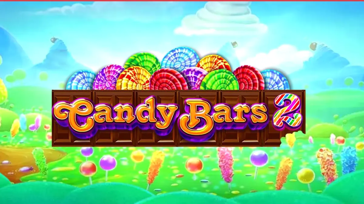 Interface colorida e vibrante do slot Candy Bars 2 com elementos de fábrica de doces