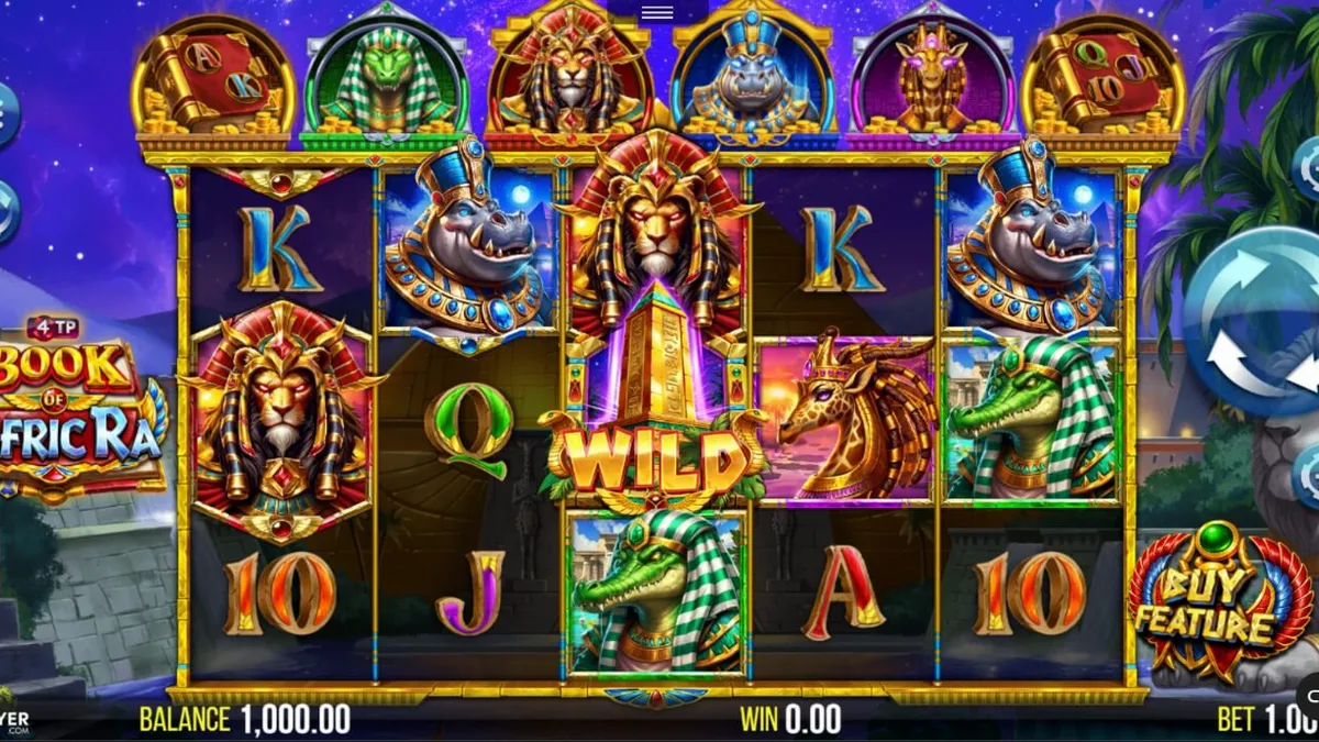 Interface do jogo de slot 4TP Book of AfricRa com temática egípcia e animal